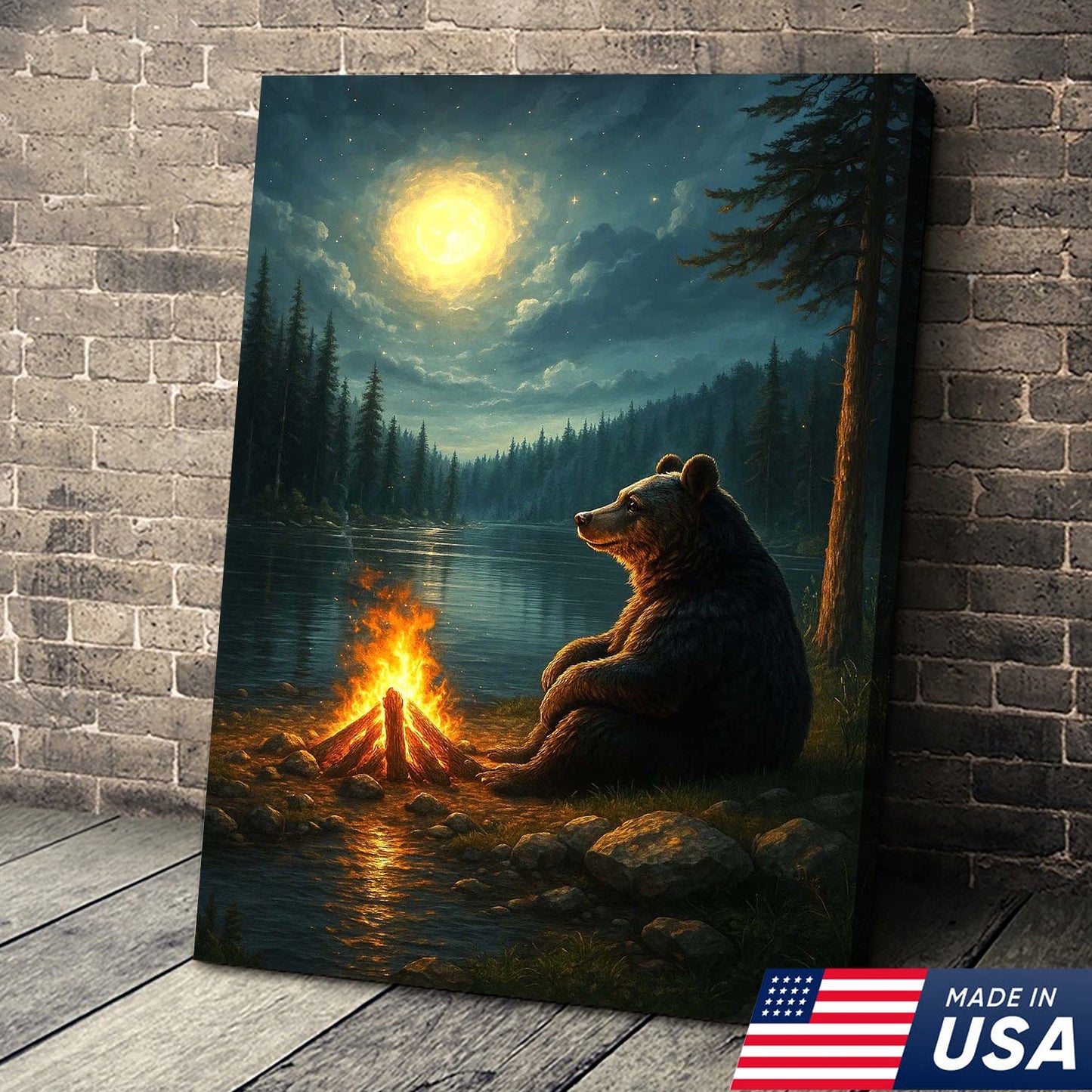 Bear Campfire Night Wall Art Canvas, Cozy Camping Bear by Lake