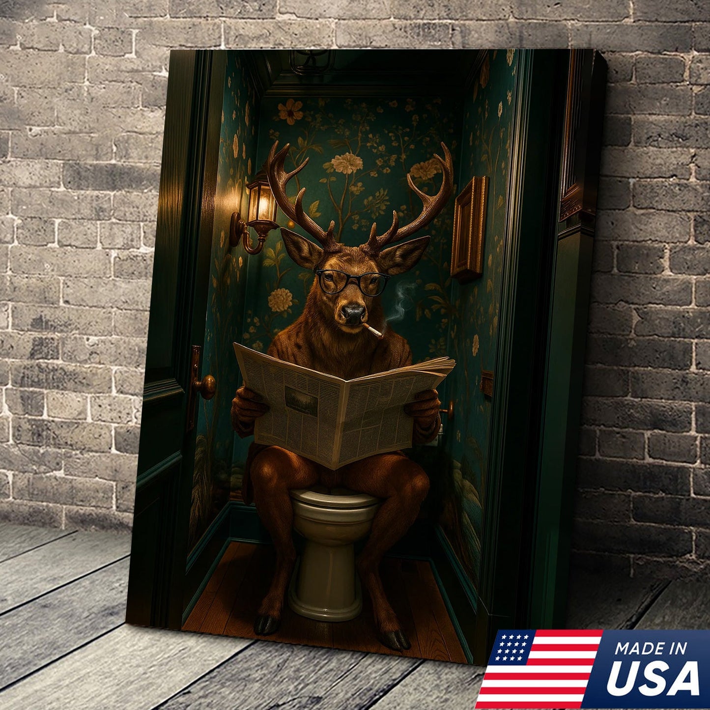 Funny Whitetail Buck Bathroom Canvas – Deer with Glasses Reading Newspaper on Toilet