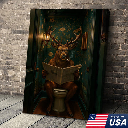 Funny Whitetail Buck Bathroom Canvas – Deer with Glasses Reading Newspaper on Toilet
