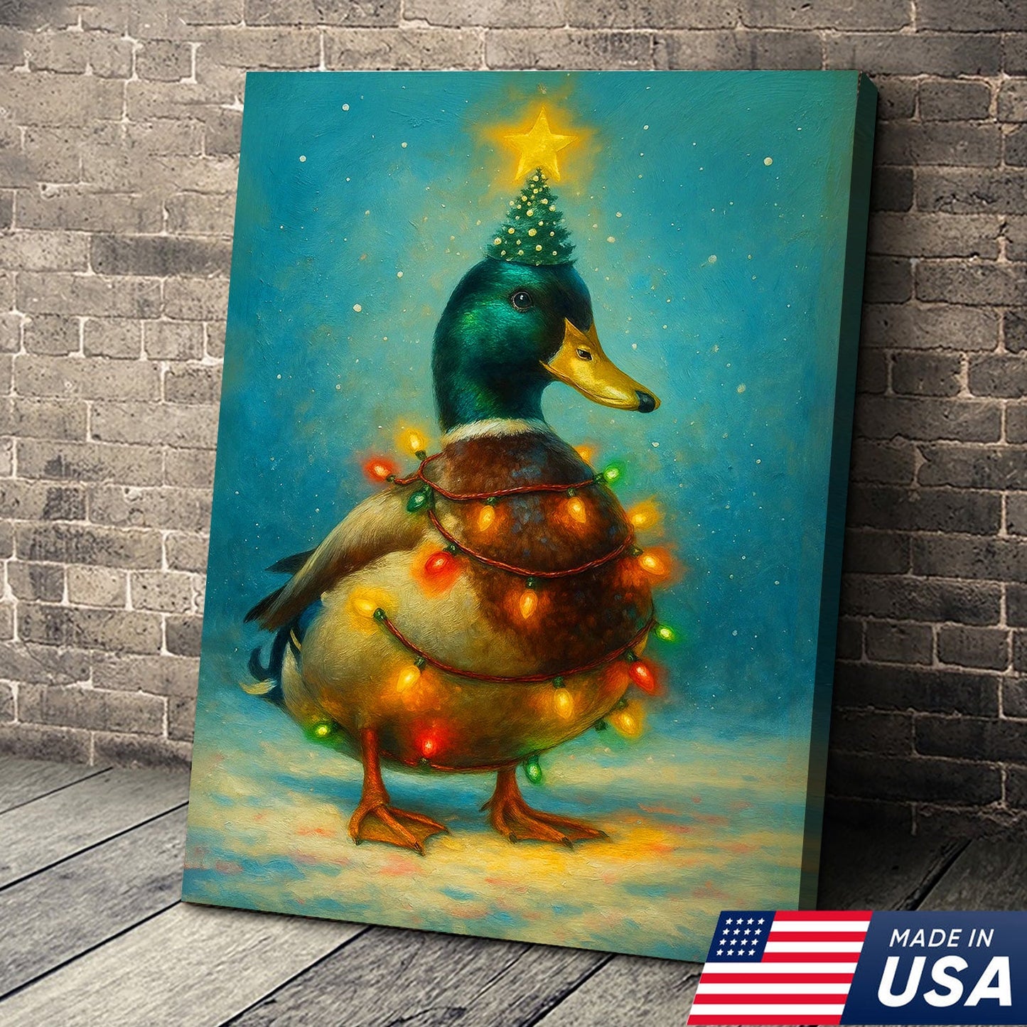 Funny Mallard Duck Christmas Canvas Wall Art – Festive Holiday Decor – Rustic Lodge Gift Idea