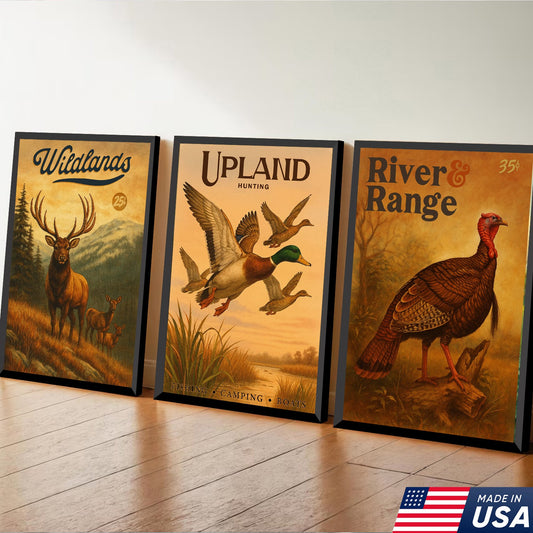 Set Of 3 Vintage Hunting Canvas Wall Art – Deer, Duck & Turkey Prints for Cabin, Lodge & Man Cave Decor