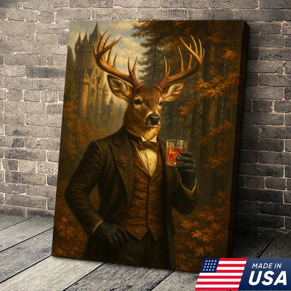 Gentleman Deer Whiskey Canvas Wall Art – Rustic Hunting Lodge & Man Cave Decor