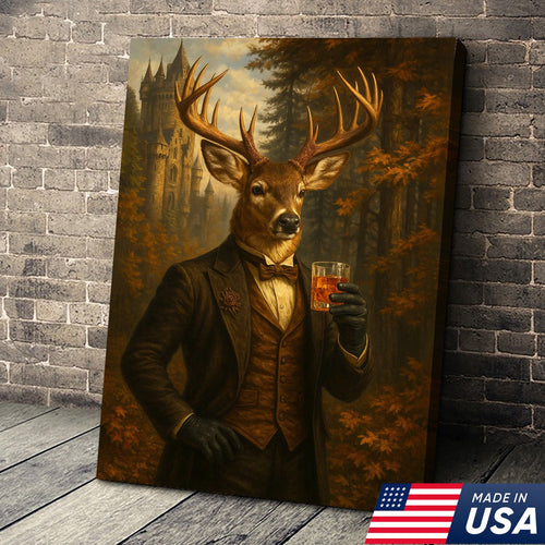 Gentleman Deer Whiskey Canvas Wall Art – Rustic Hunting Lodge & Man Cave Decor