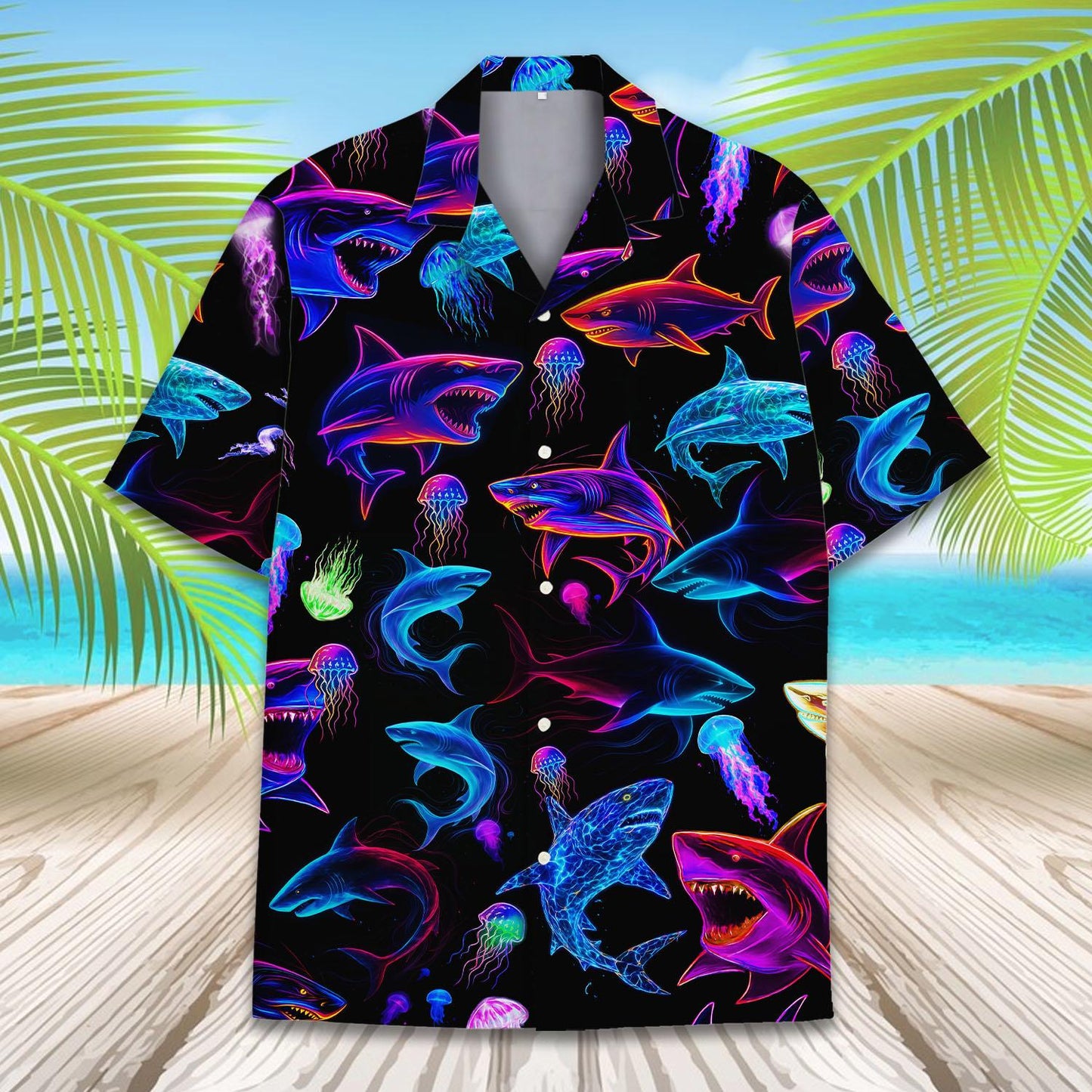 Neon Shark Hawaiian Shirt For Men Women Youth, Shark Aloha Shirt Short Sleeve Button Down