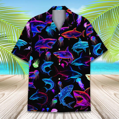 Neon Shark Hawaiian Shirt For Men Women Youth, Shark Aloha Shirt Short Sleeve Button Down