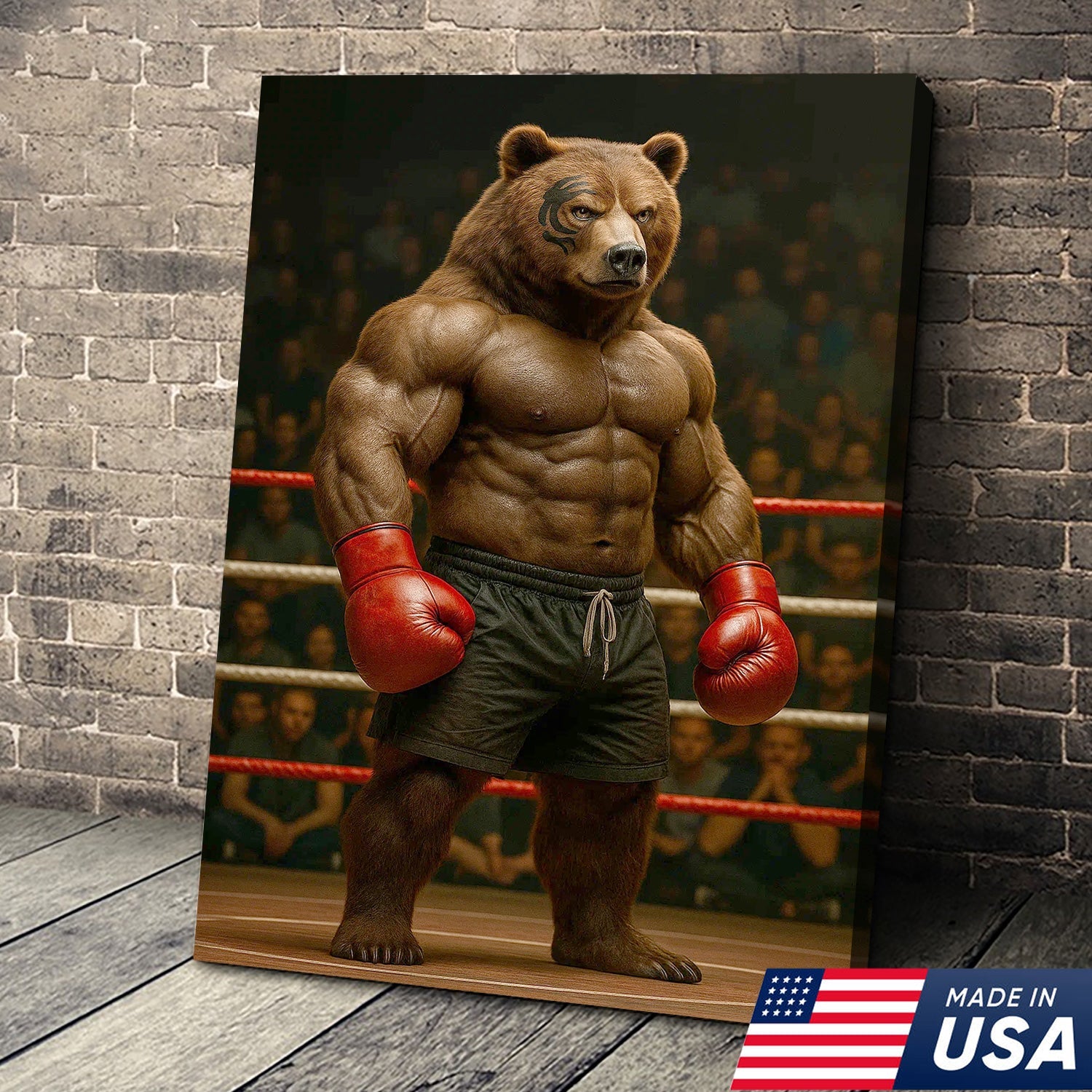 Boxing Bear Canvas Wall Art, Muscular Fighter in Red Gloves, Gym & Man Cave Decor