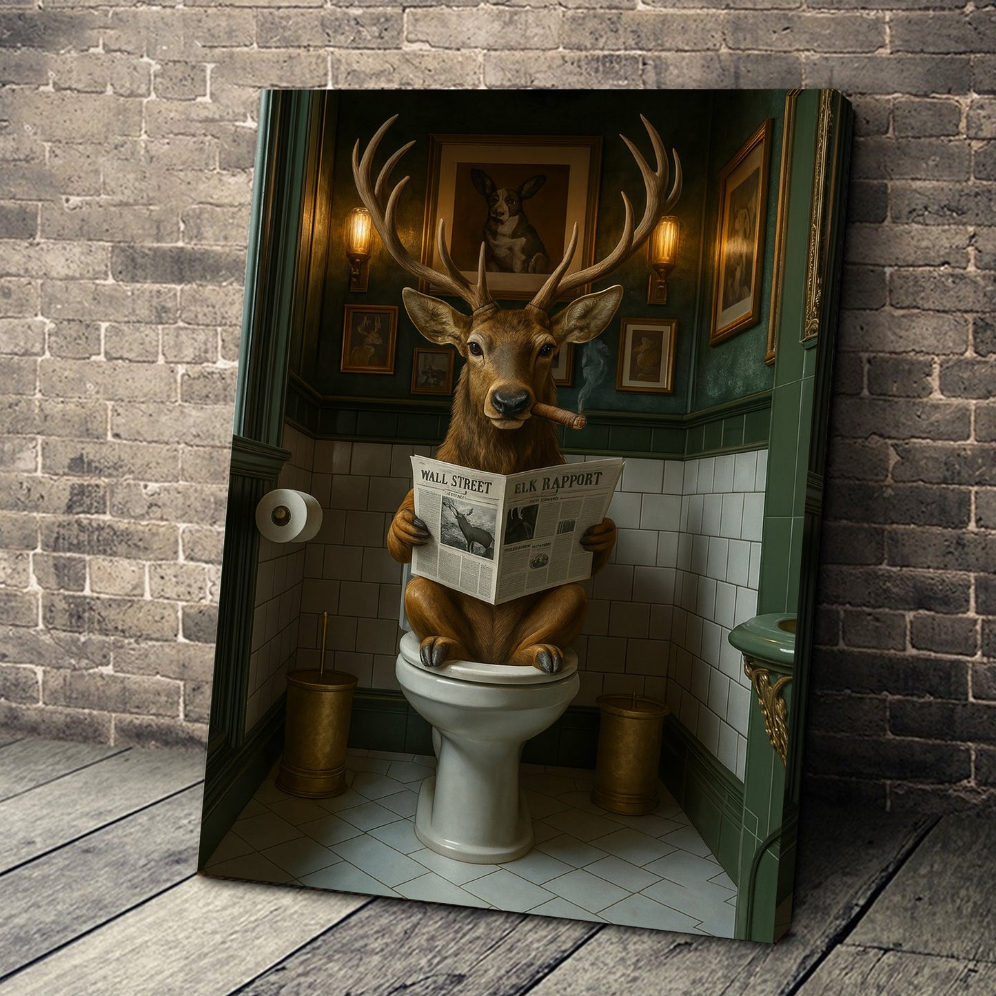 Funny Deer on Toilet Canvas Art – Stylish Animal Wall Art with Smoking and Wall Street Newspaper