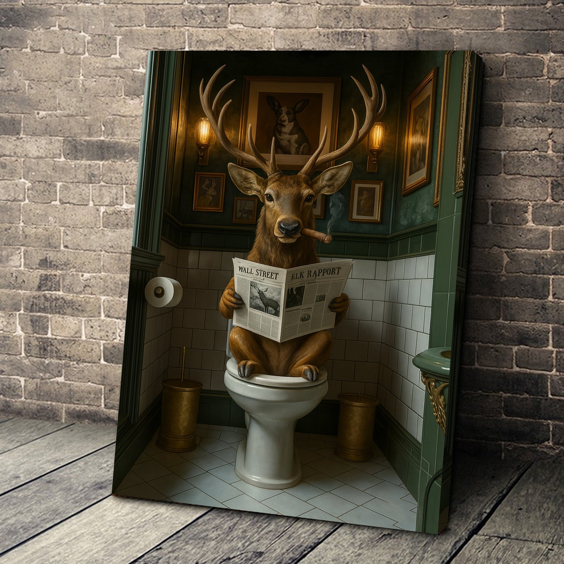 Funny Deer on Toilet Canvas Art – Stylish Animal Wall Art with Smoking and Wall Street Newspaper
