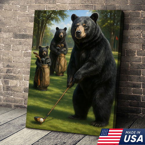 Funny Bear Golf Canvas – Rustic Cabin Wall Art Gift for Hunters, Golf Lovers & Man Caves
