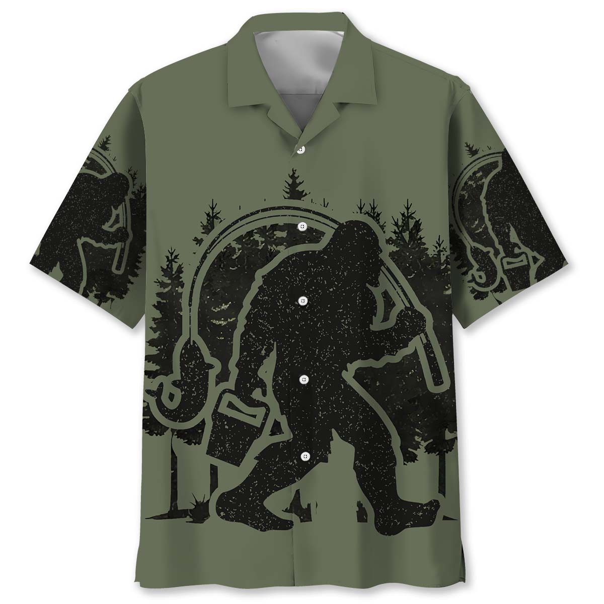 Bigfoot Fishing Green Military Hawaiian Shirt
