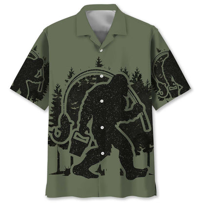 Bigfoot Fishing Green Military Hawaiian Shirt