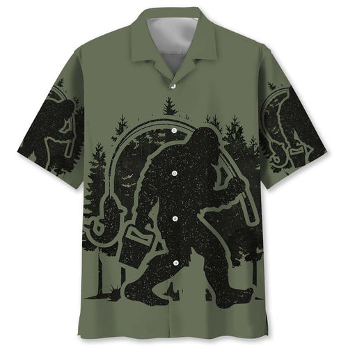 Bigfoot Fishing Green Military Hawaiian Shirt
