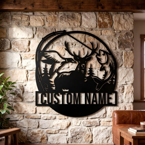 Personalized Deer Metal Sign Wall Art, Custom Fishing and Hunting Decor for Cabin