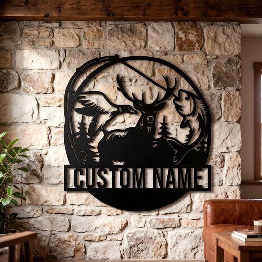 Personalized Deer Metal Sign Wall Art, Custom Fishing and Hunting Decor for Cabin