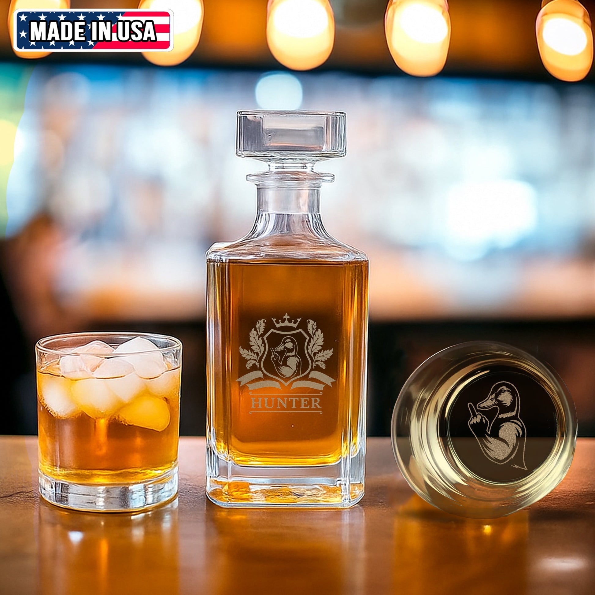 Funny Duck Whiskey Decanter Set – Engraved Drinking Glass for Hunters & Drinking Lovers