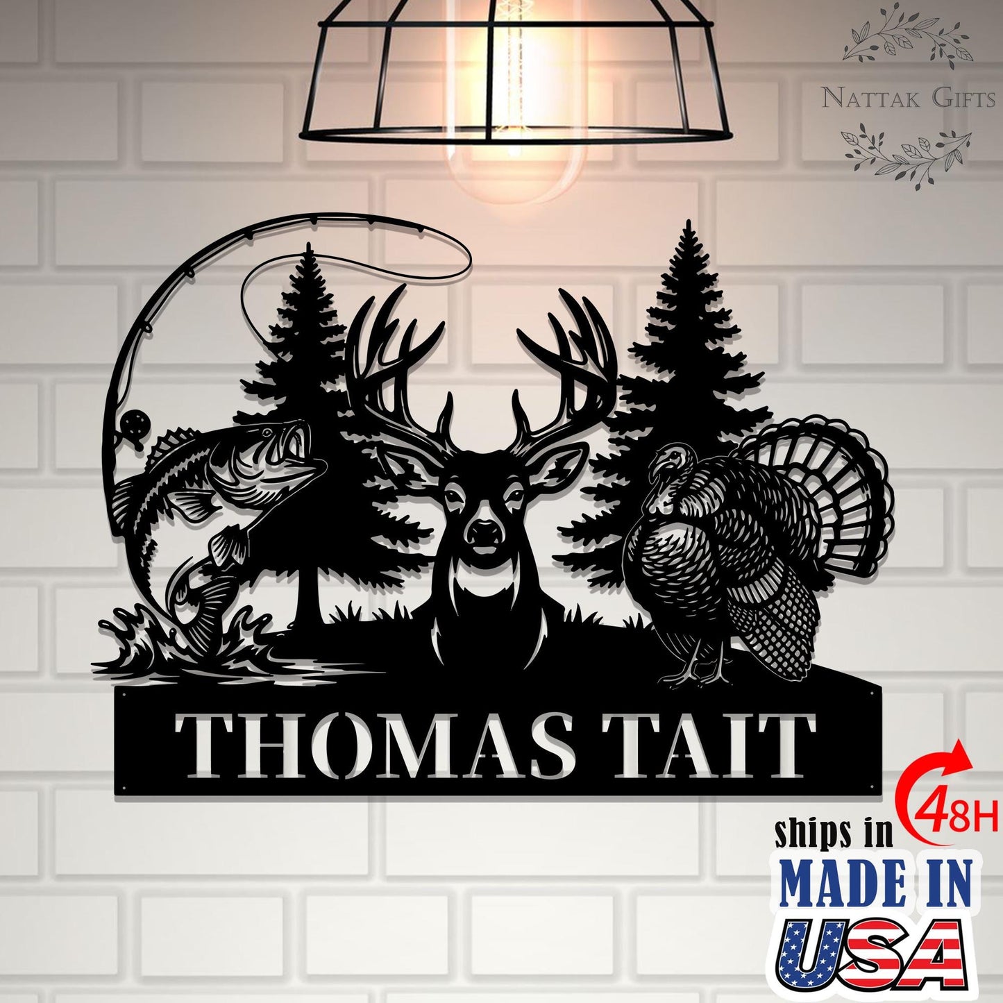 Personalized Hunting Name Metal Sign, Custom Deer Turkey & Bass Fishing Wall Art