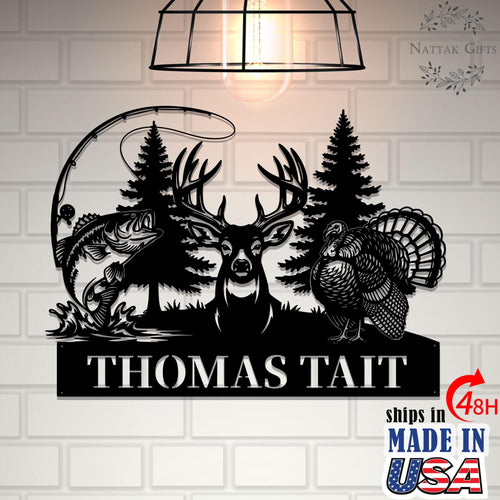 Personalized Hunting Name Metal Sign, Custom Deer Turkey & Bass Fishing Wall Art