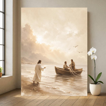 Jesus Walking on Shore Canvas Print, Christian Wall Art, Biblical Coastal Wall Decor