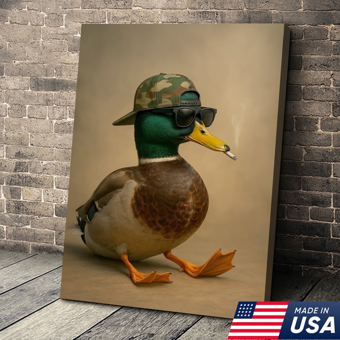 Cool Mallard Duck with Camo Hat Wall Art – Funny Hunting Canvas Print