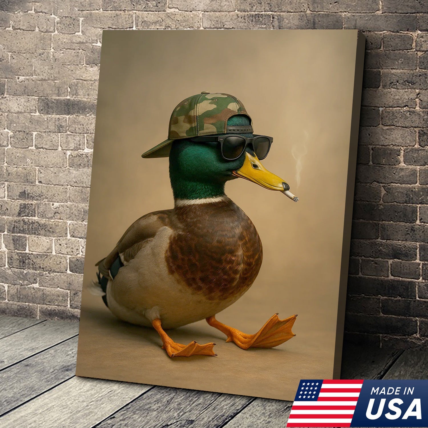 Cool Mallard Duck with Camo Hat Wall Art – Funny Hunting Canvas Print