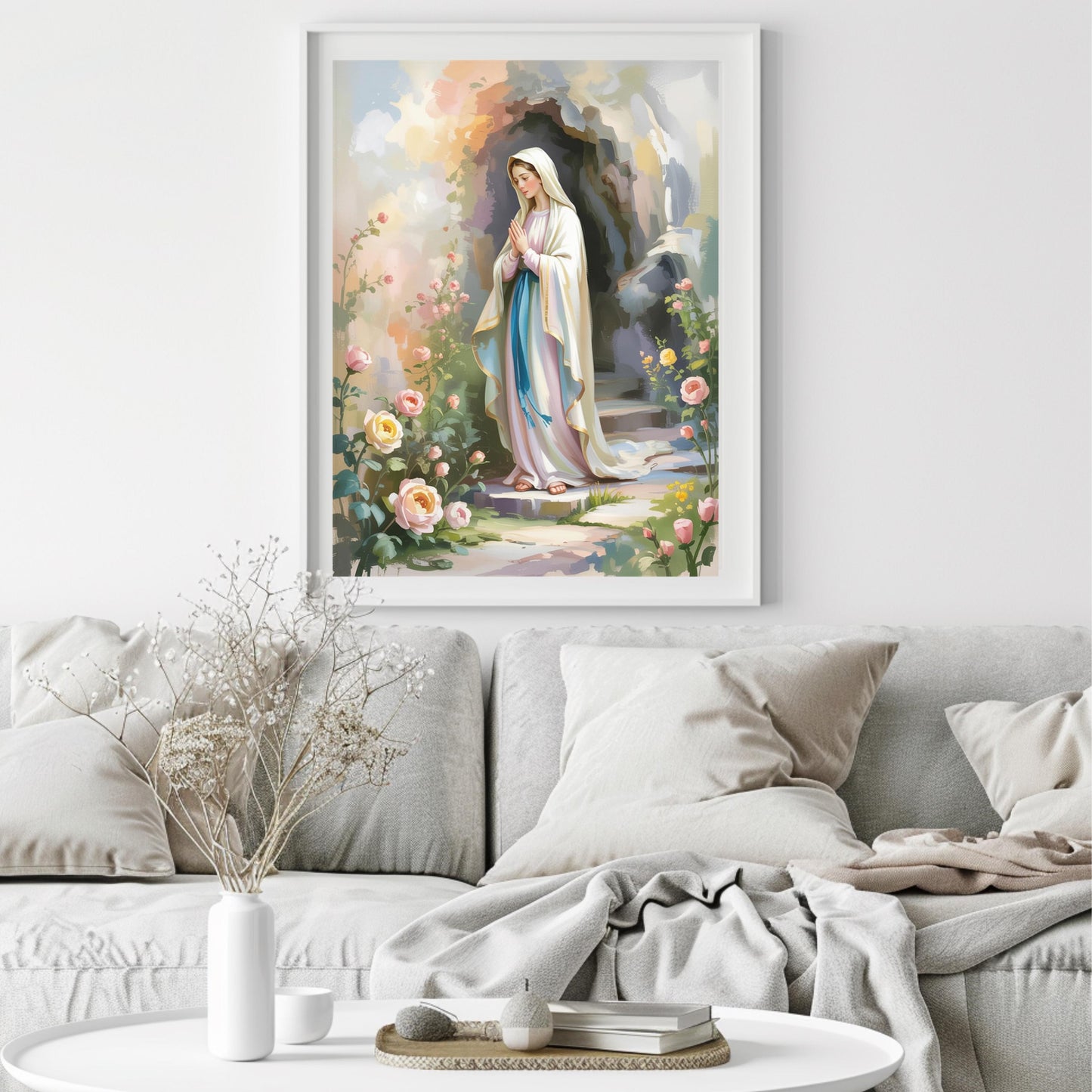 Virgin Mary Art Print: Serene Floral Catholic Home Decor Wall Art