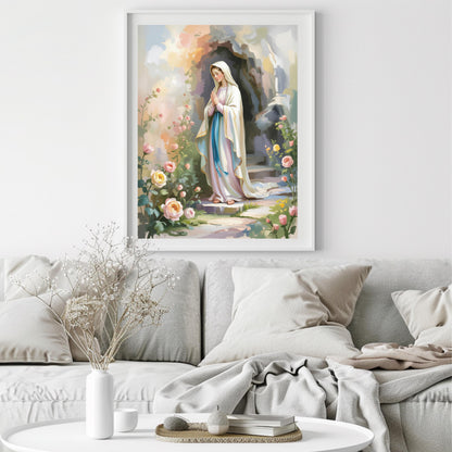 Virgin Mary Art Print: Serene Floral Catholic Home Decor Wall Art