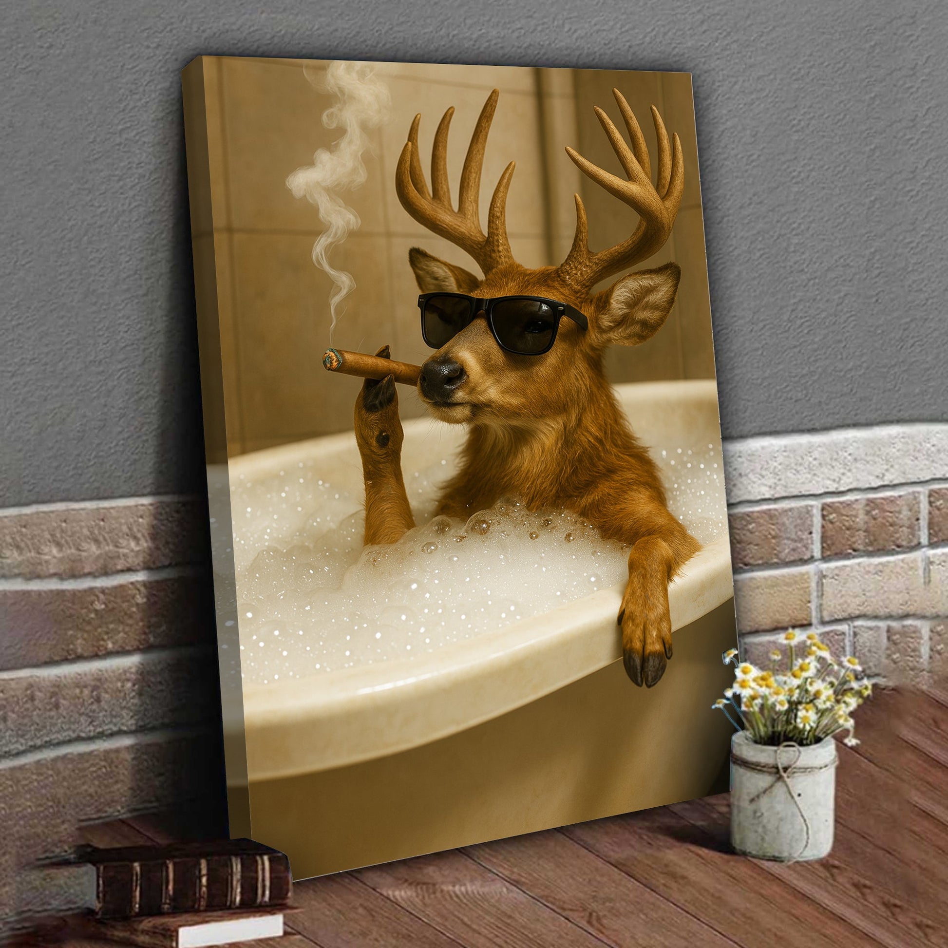 Funny Deer in Bathtub Canvas – Retro Animal Art Print with SunGlasses and Smoking for Wall Decor