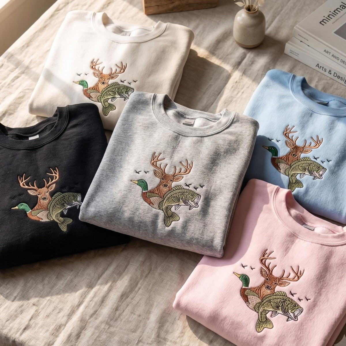 Embroidered Deer Duck Fish Sweatshirt, Hunting and Fishing Crewneck