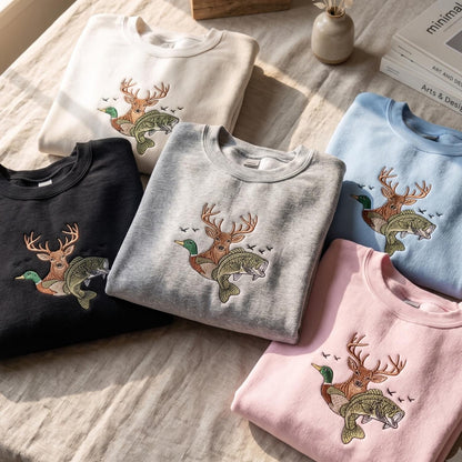 Embroidered Deer Duck Fish Sweatshirt, Hunting and Fishing Crewneck