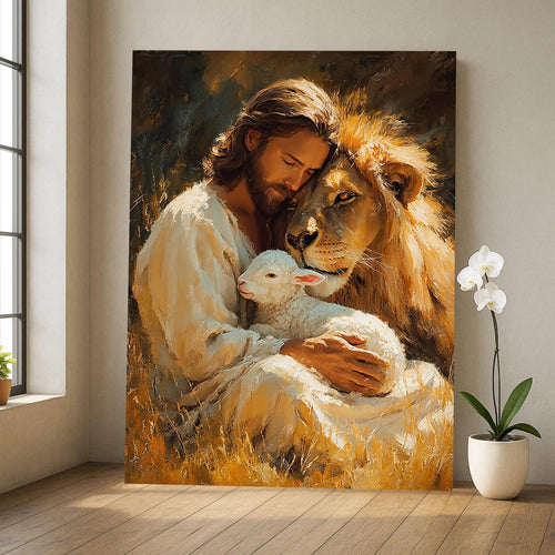 Jesus Lion and Lamb Canvas Wall Art Christian Home Decor