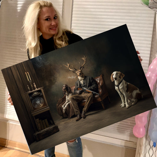 Vintage Style Hunting Deer with Dogs Canvas Print - Humorous Animal Art for Home Decor
