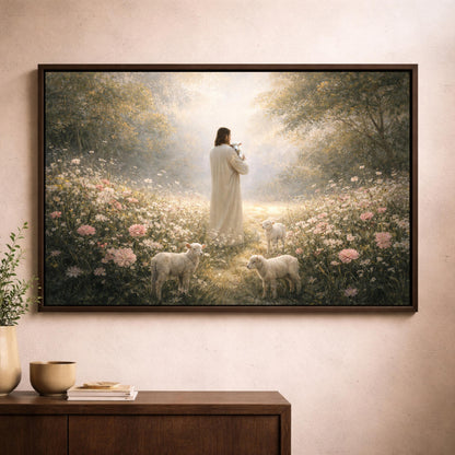 Good Shepherd Christian Canvas Wall Art, Jesus with Lambs in Meadow home Decor