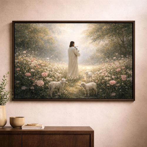 Good Shepherd Christian Canvas Wall Art, Jesus with Lambs in Meadow home Decor