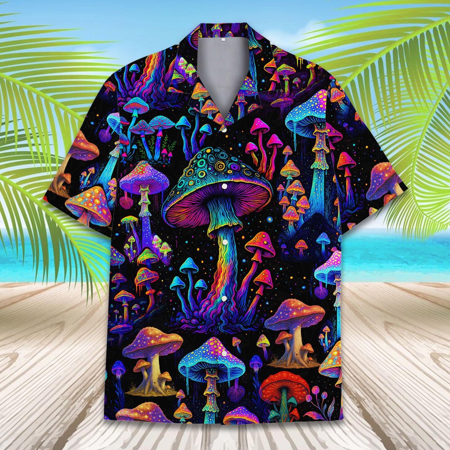 Psychedelic Mushroom Hawaiian Shirt for Men Women Youth, Neon Shrooms Button-Up Shirt Short Sleeve
