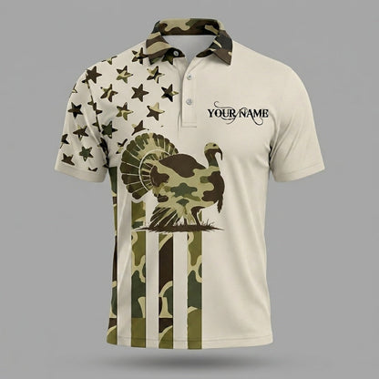 Custom Name Wild Turkey Hunting Camouflage Style Men Polo Shirt