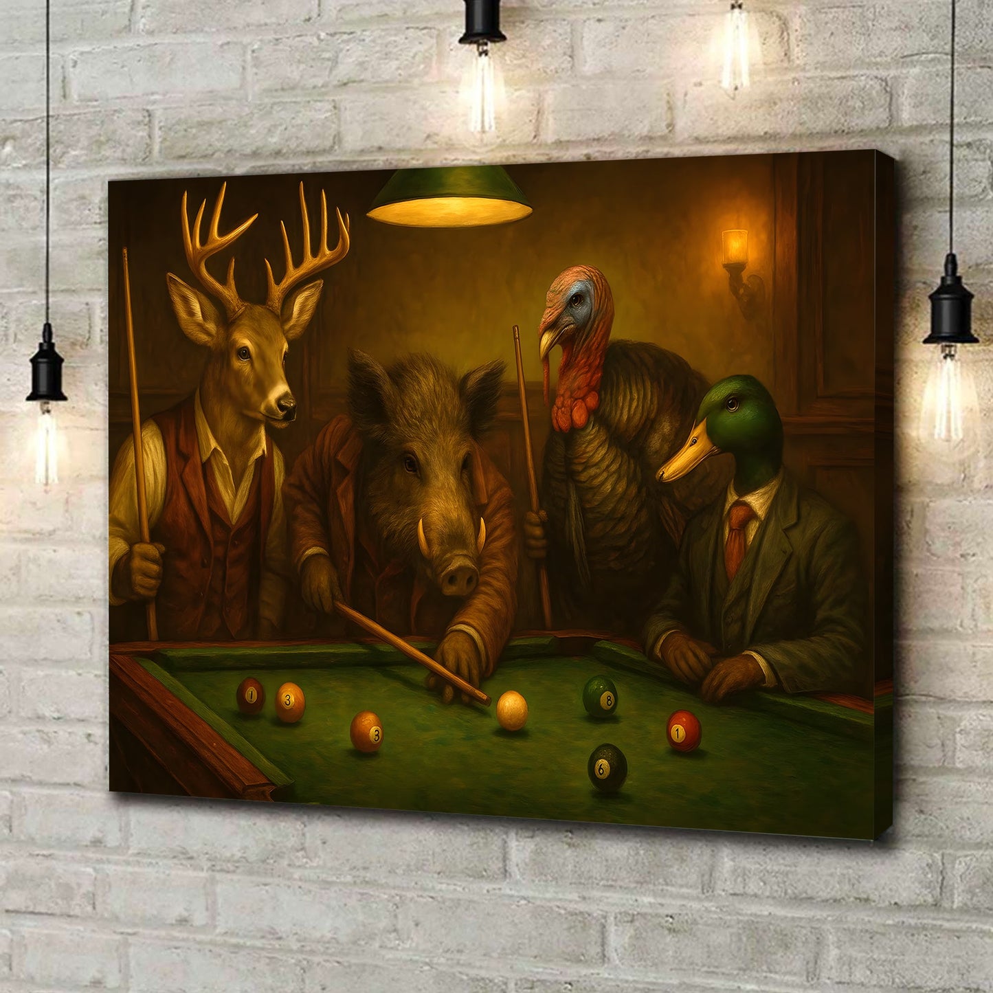 Hunter’s Billiard Crew Canvas Wall Art – Deer, Boar, Duck & Turkey Playing Pool – Rustic Hunting Cave