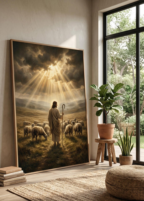 Jesus Good Shepherd Canvas Art, Christian Religious Oil Painting Print