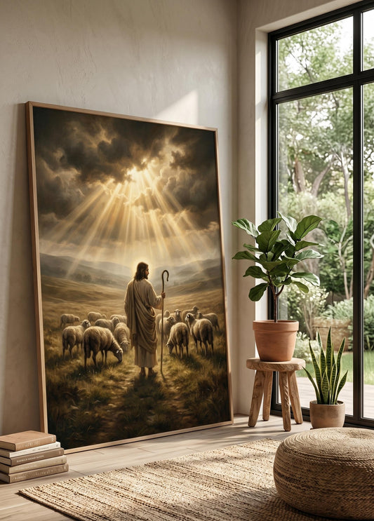 Jesus Good Shepherd Canvas Art, Christian Religious Oil Painting Print