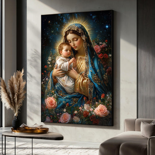 Virgin Mary and Baby Jesus Canvas Painting, Christian Wall Art