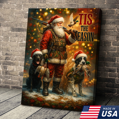 Rustic Christmas Hunting Canvas Art - Santa with Hunting Dogs and Ducks Holiday Wall Decor