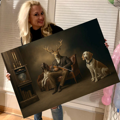 Deer Hunter Gentleman Canvas – Surreal Wall Art with Dogs for Cabin or Man Cave