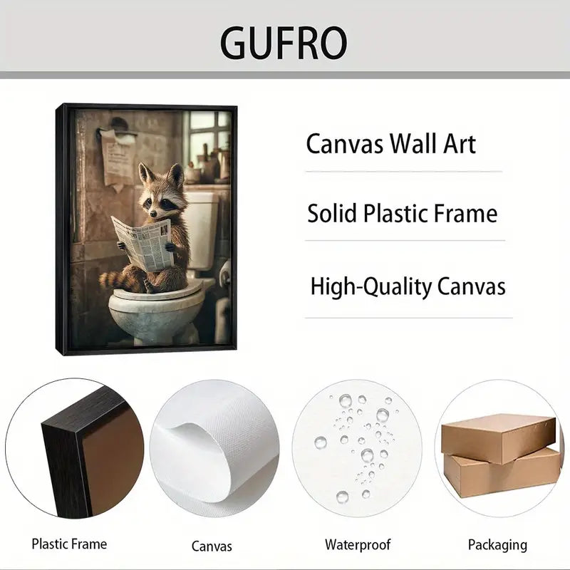 Raccoon Reading Newspapers on Toilet Framed Canvas