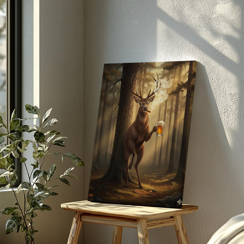 Funny Hunting Wall Art Canvas – Deer with Beer and Cigar Print for Man Cave Decor & Hunter Gift for Men