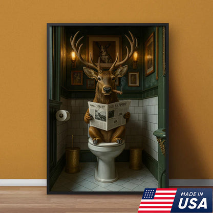 Funny Deer on Toilet Canvas Art – Stylish Animal Wall Art with Smoking and Wall Street Newspaper