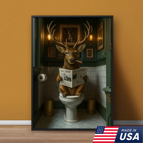 Funny Deer on Toilet Canvas Art – Stylish Animal Wall Art with Smoking and Wall Street Newspaper