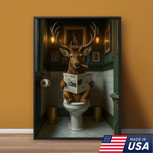 Funny Deer on Toilet Canvas Art – Stylish Animal Wall Art with Smoking and Wall Street Newspaper