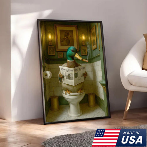 Duck Reading News Bathroom Wall Art – Rustic Decor for Men, Hunting Cabin Poster Hunters