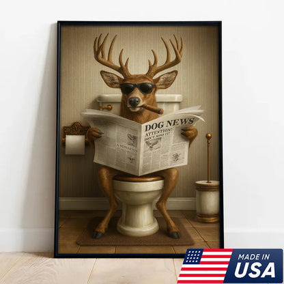 Funny Deer on Toilet Canvas – Hilarious Animal Art Print with SunGlasses and Smoking Reading Newspaper.