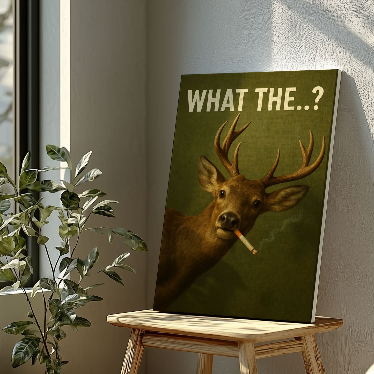 Funny Deer Canvas Wall Art – What The..? Smoking Deer Hunting Cabin Décor