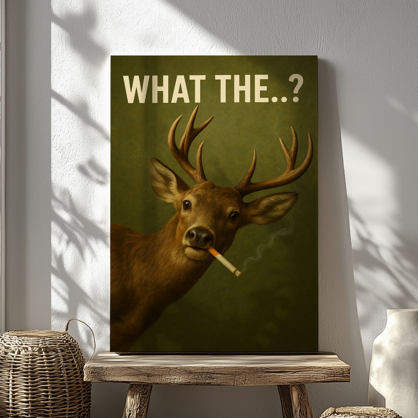 Funny Deer Canvas Wall Art – What The..? Smoking Deer Hunting Cabin Décor